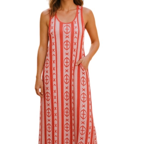 J. CREW Aztec Print Maxi Tank Dress Coral Orange White Ikat Racerback Beachy S - Picture 1 of 10